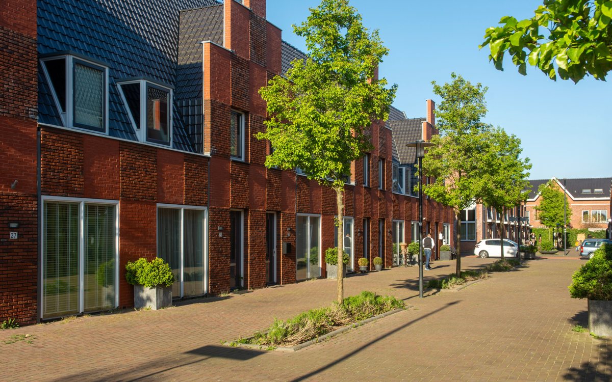 Een straat met rijtjeshuizen van een woningcorporatie, met bomen langs de stoep.