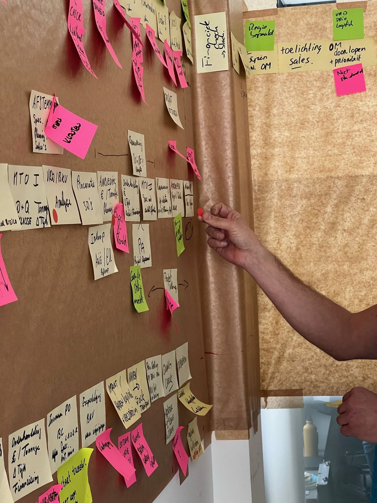 Een hand plakt een roze post-it op een wand van bruin papier vol knelpunten.